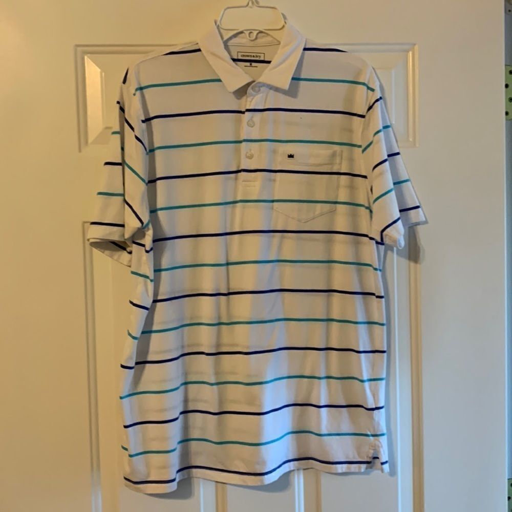 Crown & Ivy Medium blue and white striped polo.